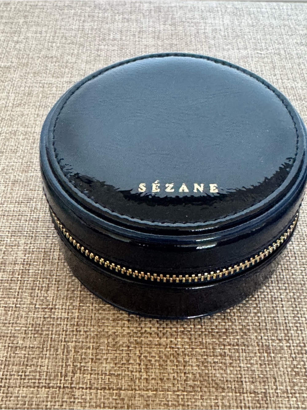 Sézane Navy Patent Leather Round Jewelry Case